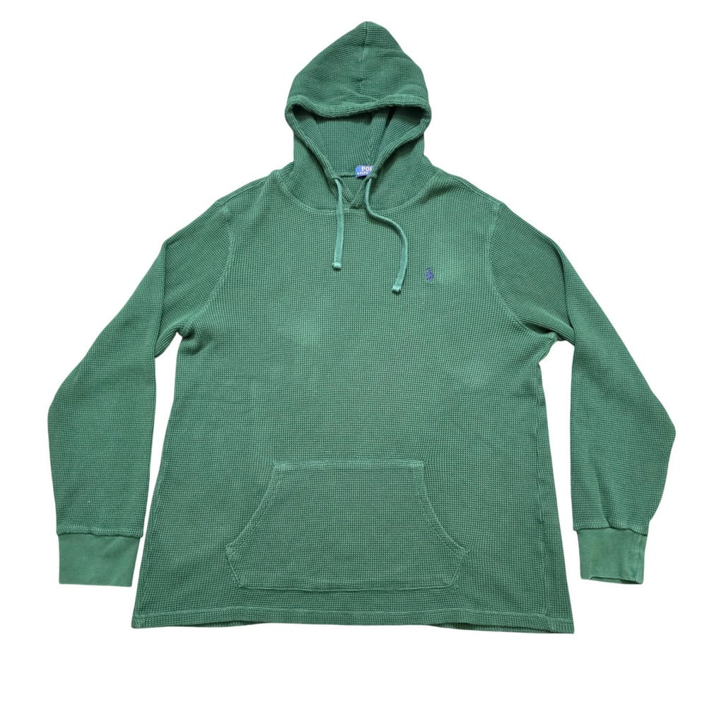Polo Ralph Lauren Waffle Knit Hoodie Green Mens XL Thermal Pony Logo Preppy Cozy